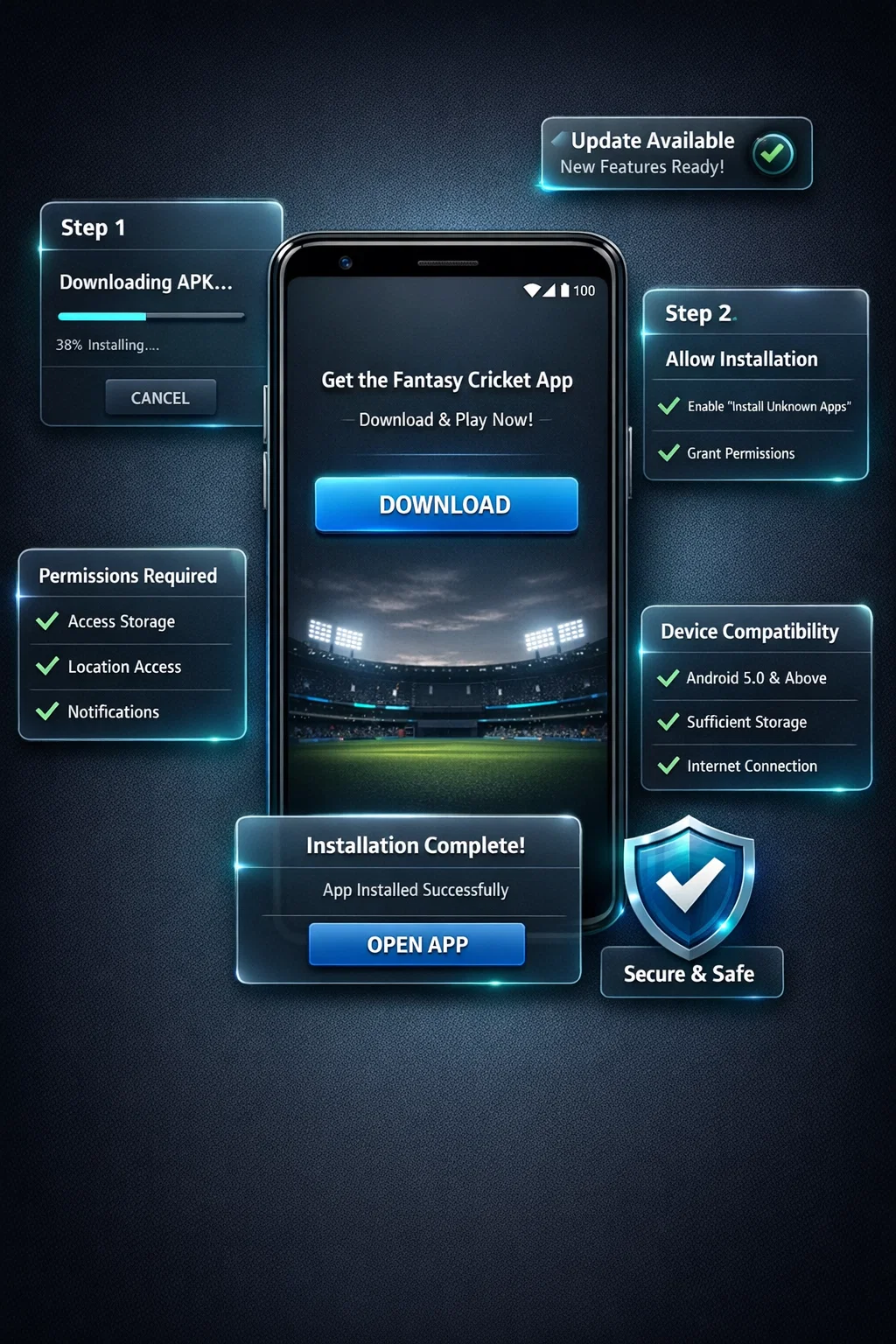 Fantasy cricket APK installation guide interface for Android users