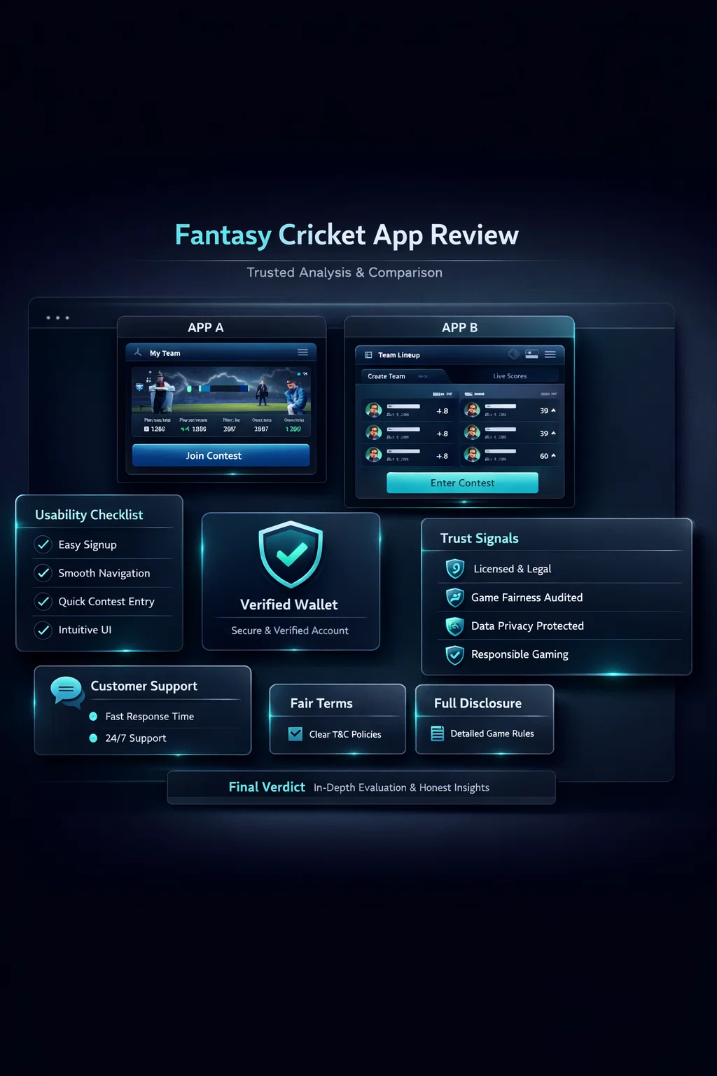 Fantasy cricket app comparison interface with team builder and player tracker