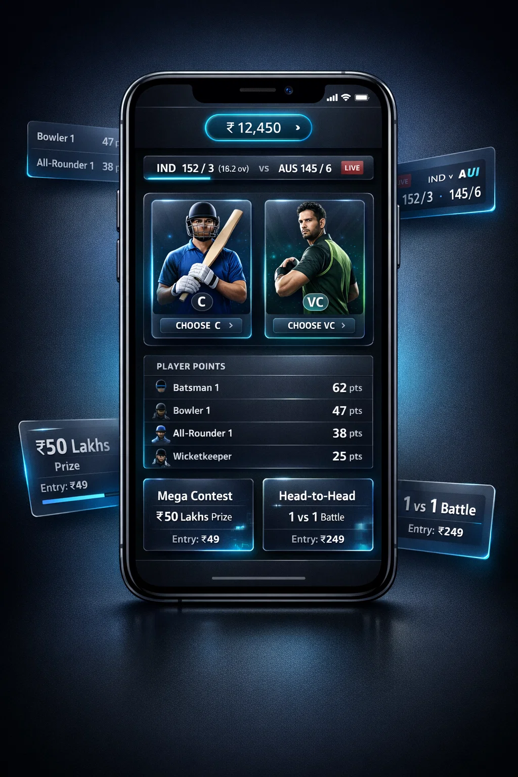 Premium fantasy cricket app dashboard interface for Web11 India